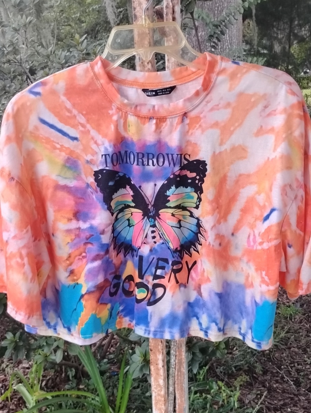 SHEIN Orange Tie-Dye Butterfly Crop Sweatshirt